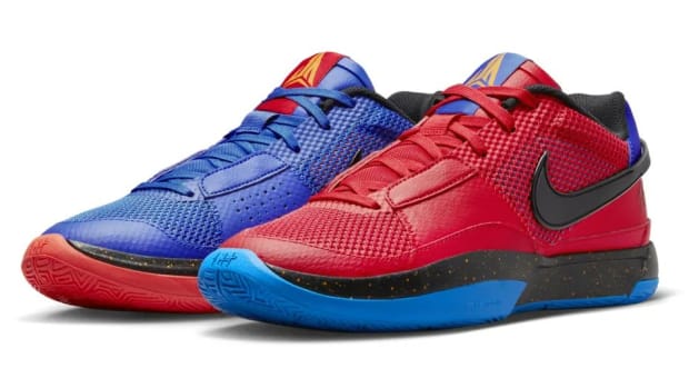 Side view of Ja Morant's red and blue Nike shoes.